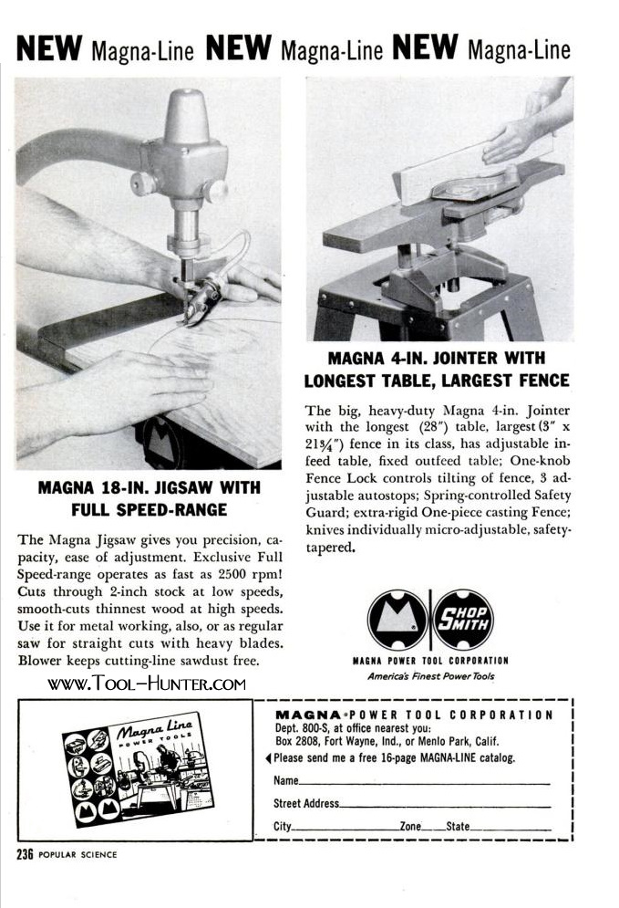 1956 Magna Shopsmith 4" Jointer ad "NEW MagnaLine" with Jigsaw Tool